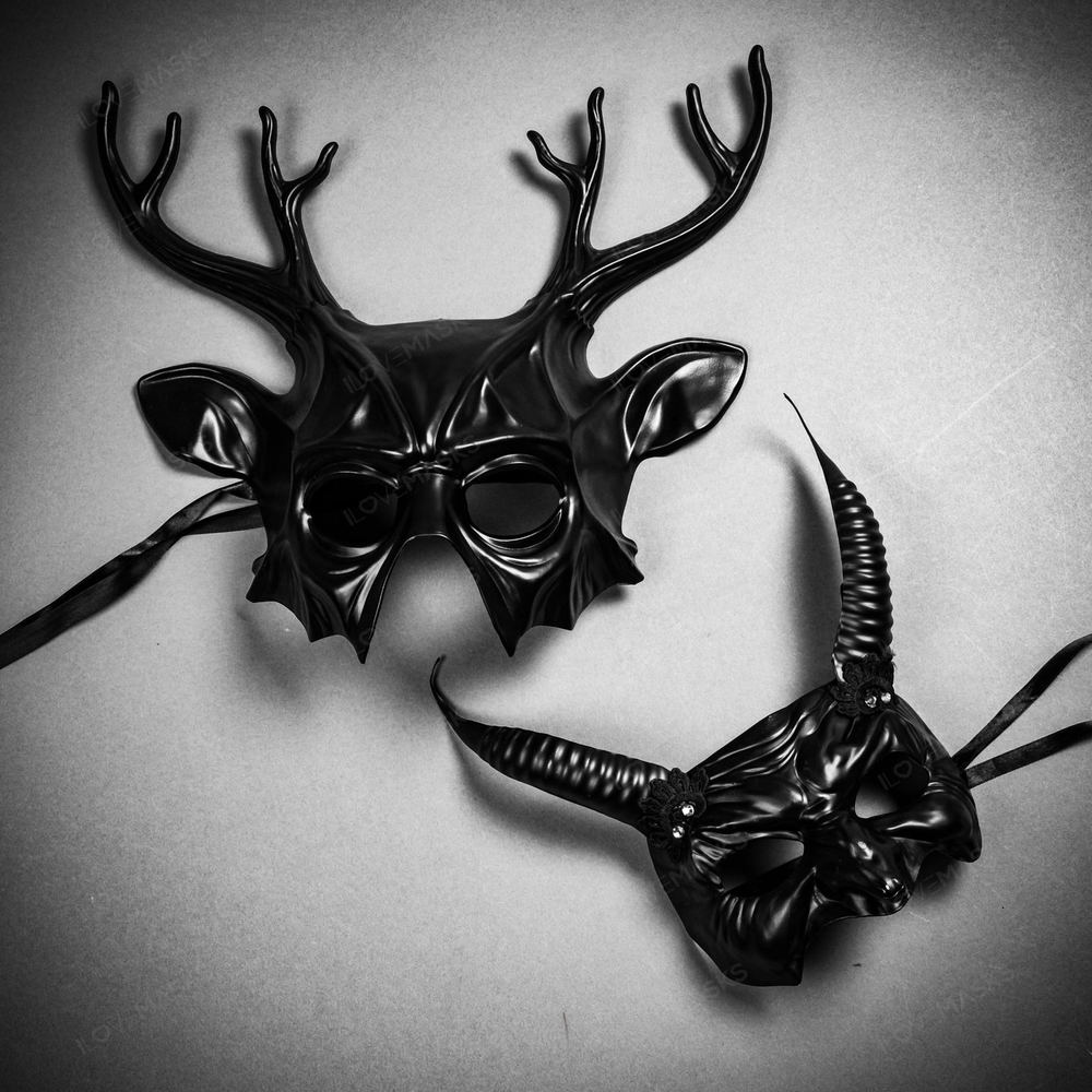 Antler Deer Horn and Goblin Devil Long Horn Black Masquerade Couple Masks